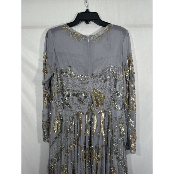 NWT $798 Mac Duggal [ 14 ] Long Sleeve Embellished Illusion Gown‎ Platinum Gold - Picture 14 of 15